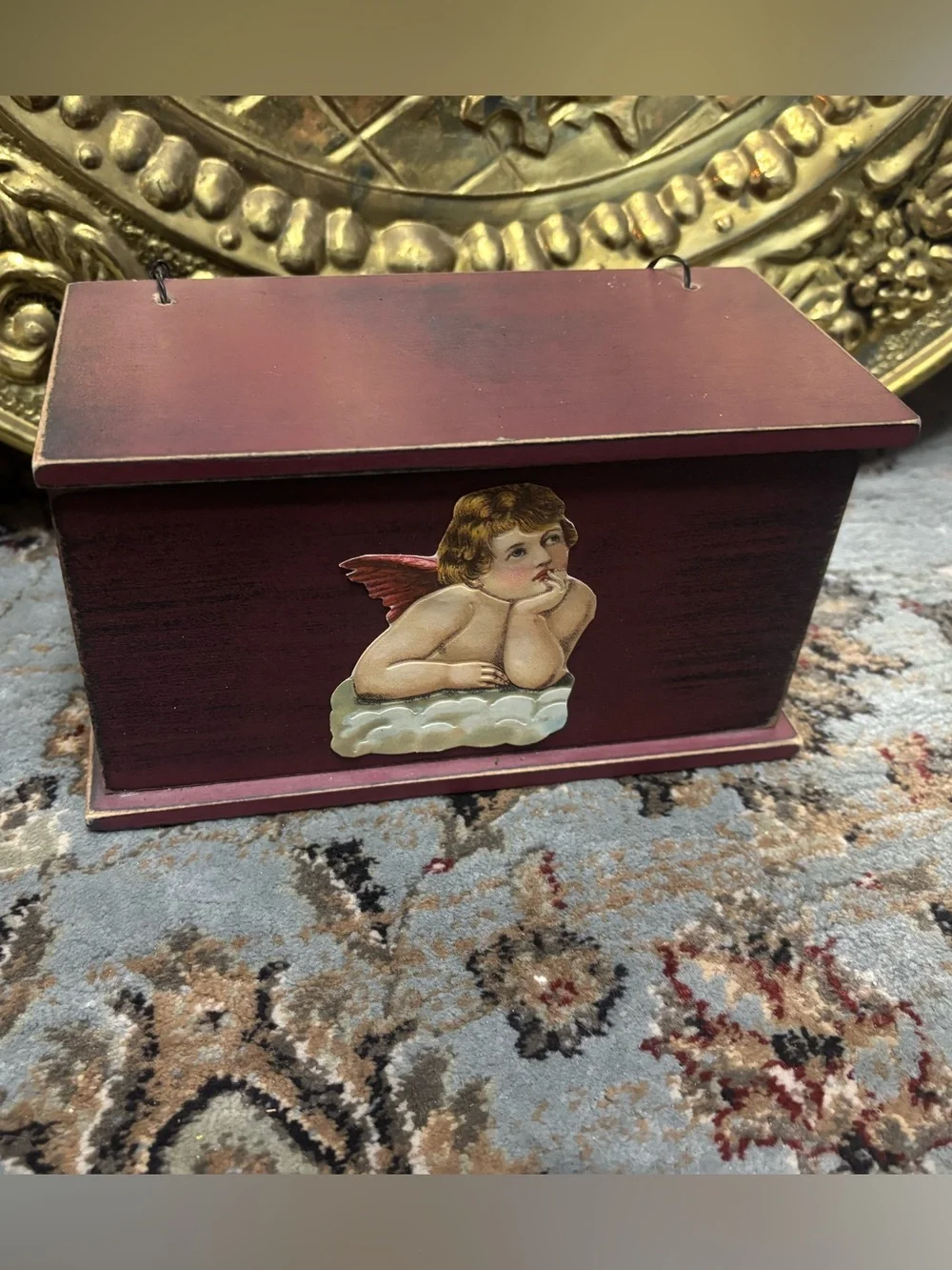 Cherub Decoupage Wooden Box - Deep Burgundy